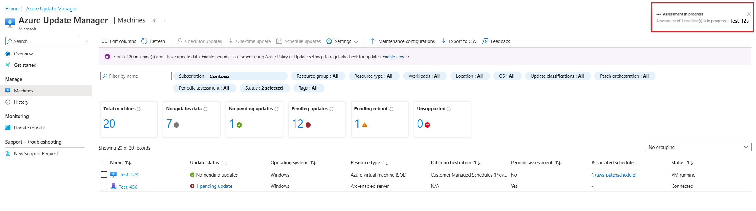 Captura de tela que mostra o início de uma avaliação de verificação para máquinas selecionadas com a opção Verificar se há atualizações.