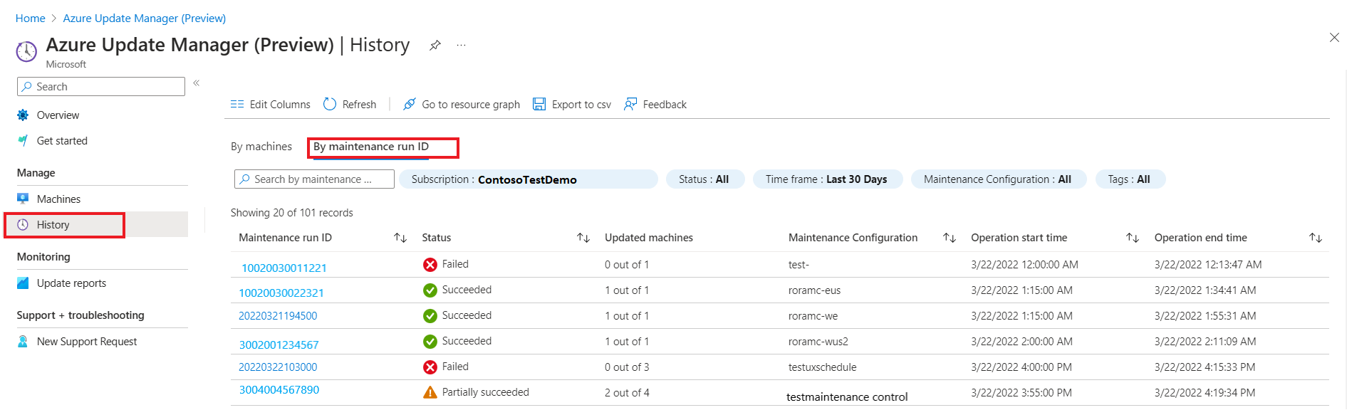 Captura de ecrã que mostra a página Histórico do centro de atualizações Por ID de execução de manutenção no portal do Azure.