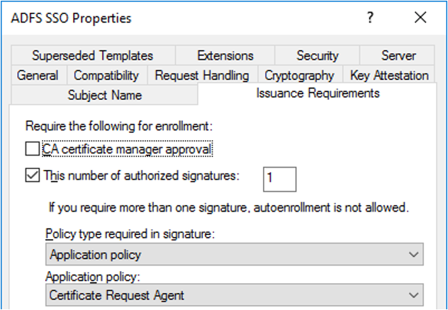 Uma captura de tela mostrando a guia de requisitos de emissão do modelo de certificado SSO e como ele deve ser quando configurado corretamente.