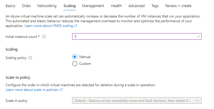 Uma captura de tela da guia Dimensionamento no portal do Azure durante o processo de criação do Conjunto de Dimensionamento de Máquina Virtual.