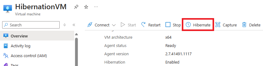 Captura de ecrã do botão para hibernar uma VM no portal do Azure.