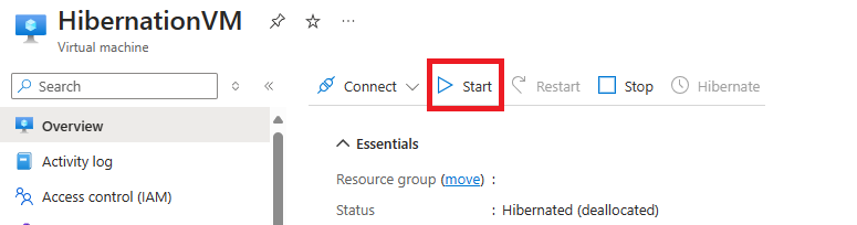 Captura de ecrã do botão do portal do Azure para iniciar uma VM hibernada com um estado sublinhado listado como 