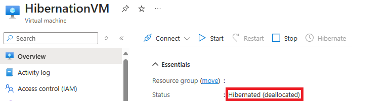 Captura de ecrã do estado da VM Hibernada na listagem do portal do Azure como 'Hibernada (deslocalizada)'.