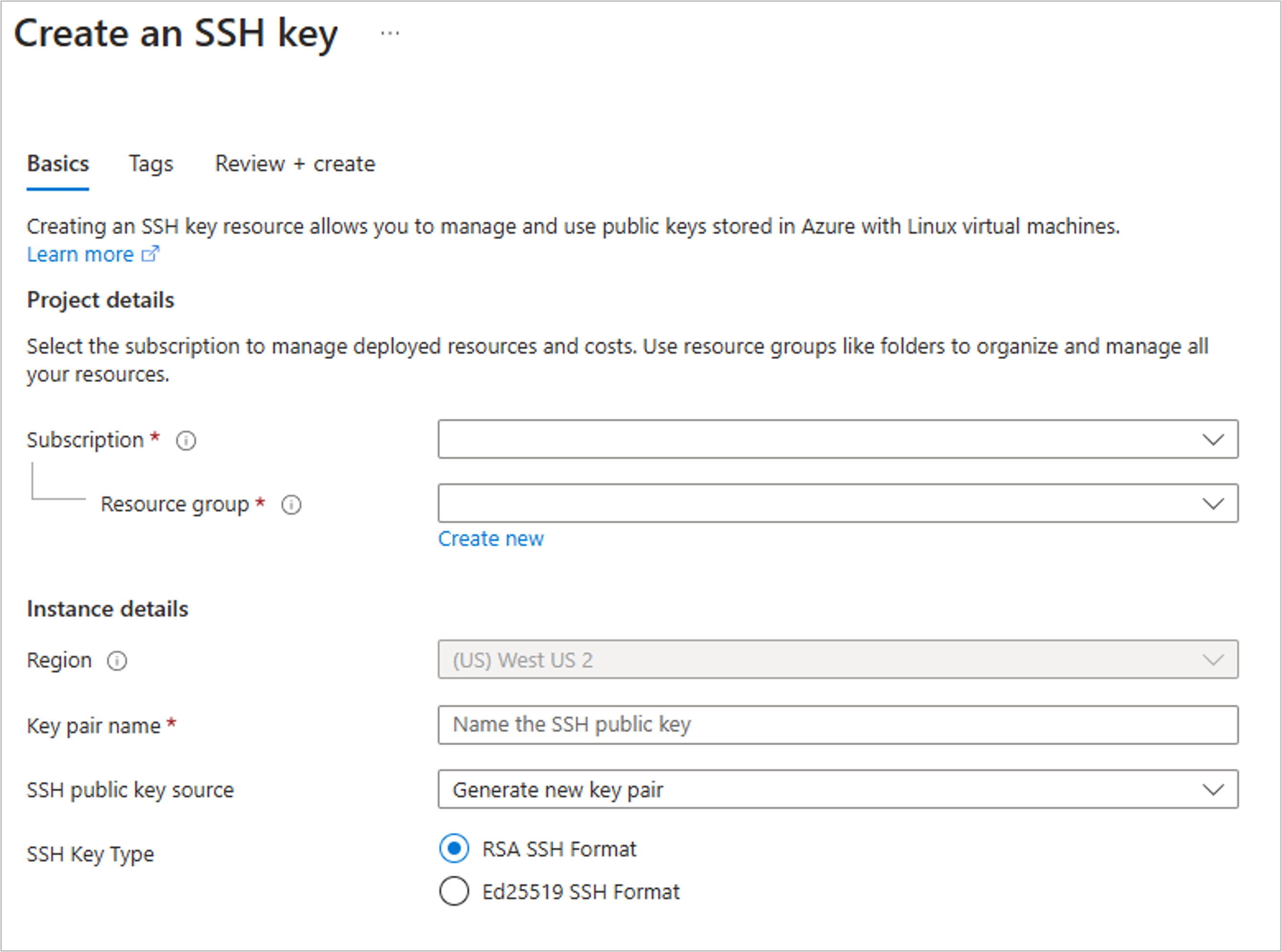 Criar um novo grupo de recursos e gerar um par de chaves SSH