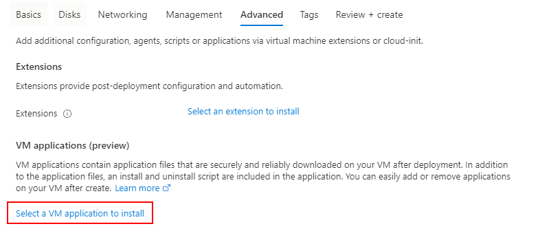 Captura de ecrã do separador Avançadas onde pode optar por instalar uma aplicação VM.