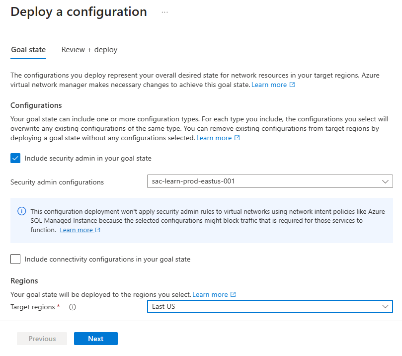 Captura de tela da implantação de uma configuração de segurança.