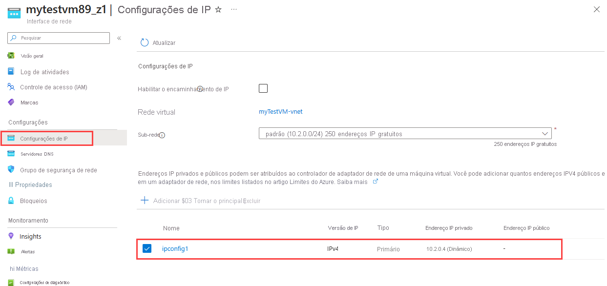 Captura de tela mostrando como selecionar a configuração I P de uma interface de rede.