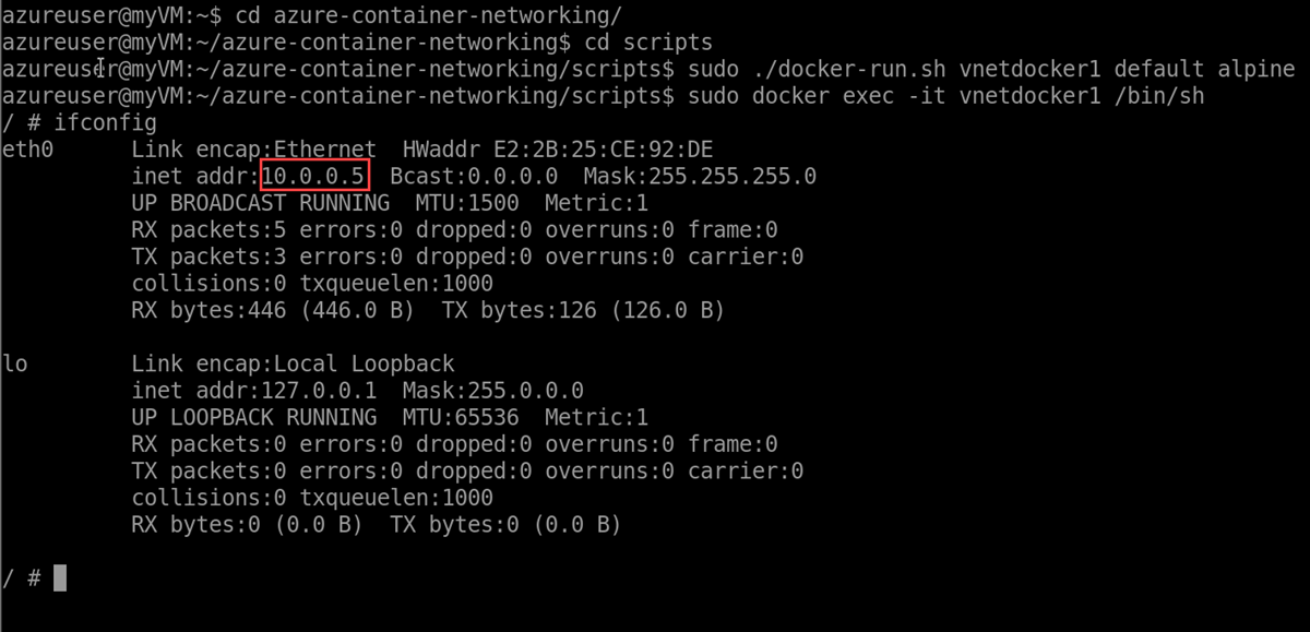 Captura de tela da saída ifconfig no prompt Bash do contêiner de teste.