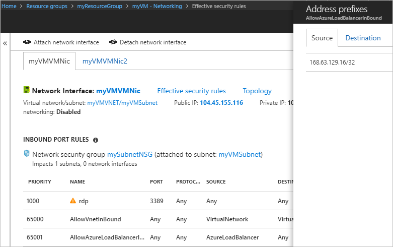 A captura de tela mostra os prefixos de endereço para AllowAzureLoadBalancerInbound inseridos.