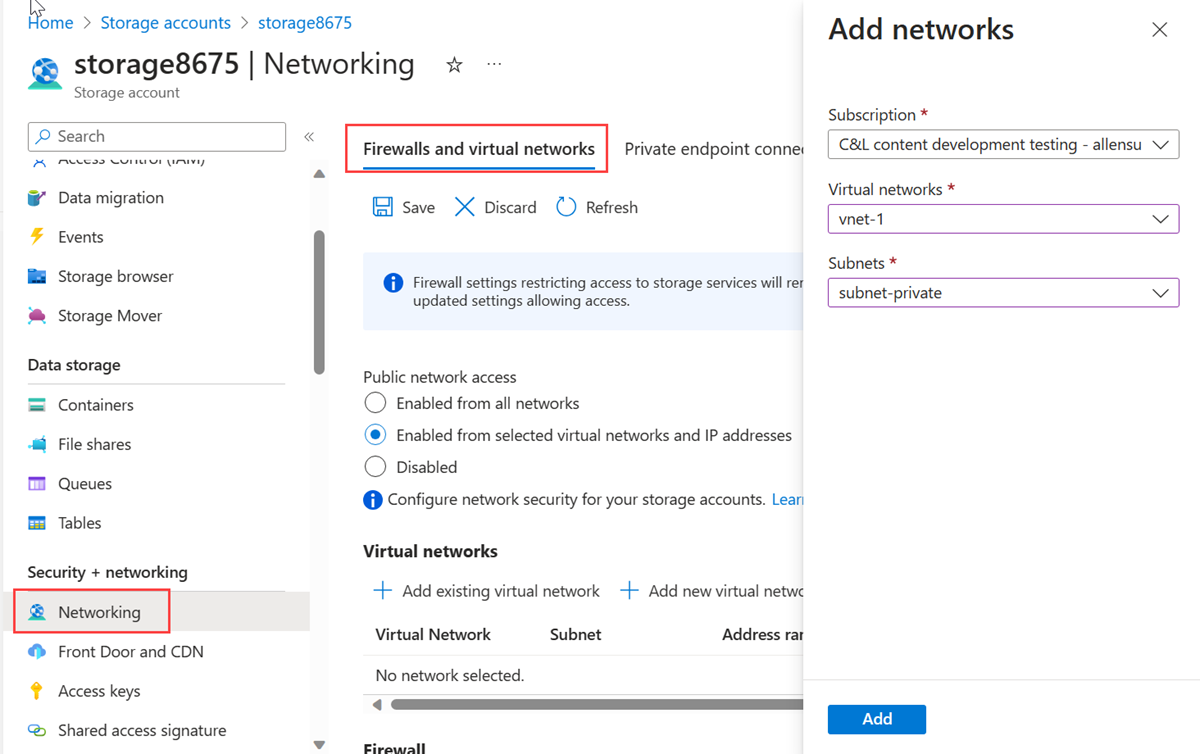 Captura de tela da restrição da conta de armazenamento para a sub-rede e rede virtual criada anteriormente.