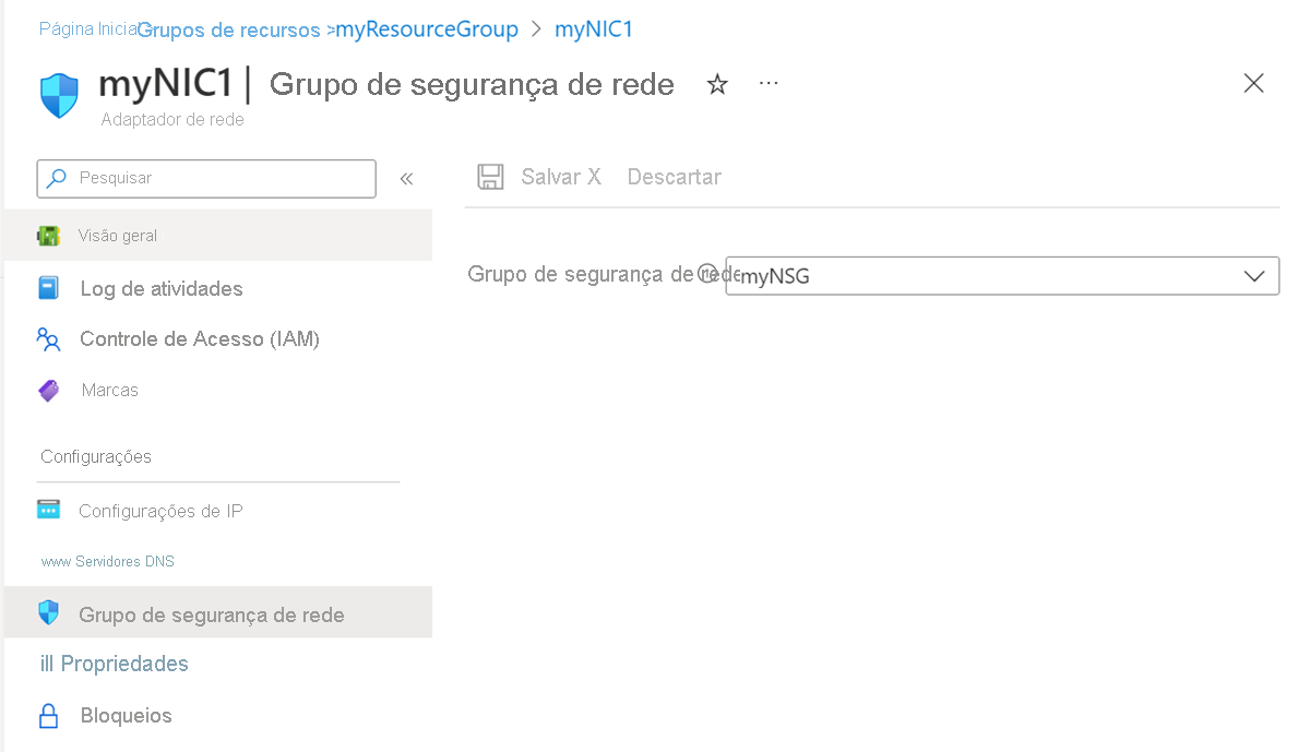 Captura de ecrã da configuração do grupo de segurança de rede.