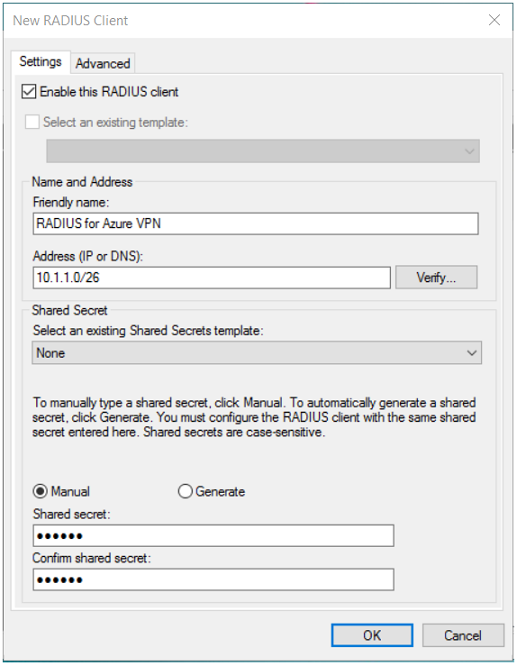 A imagem sobre as configurações do cliente RADIUS