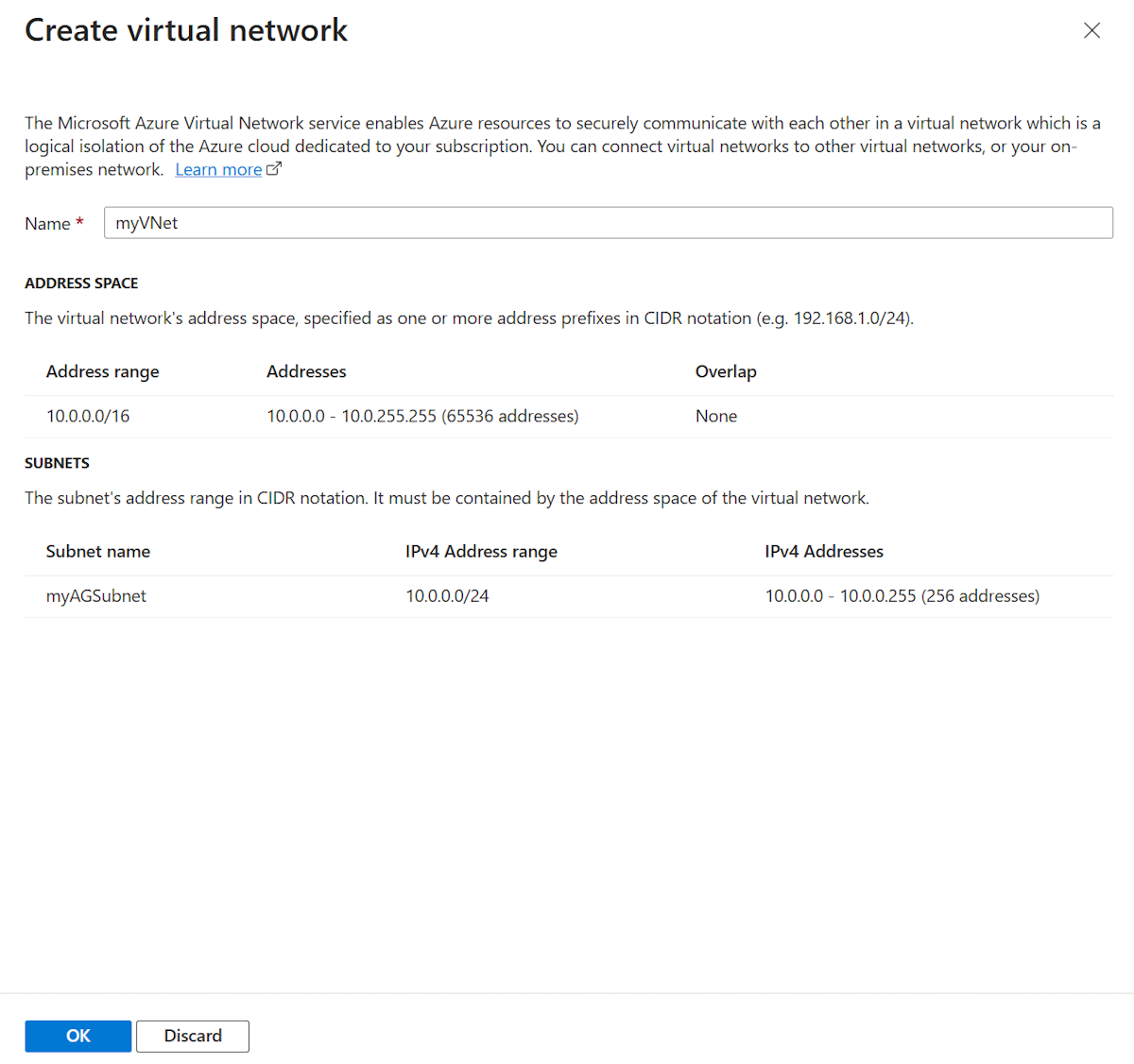 Captura de tela de Criar novo gateway de aplicativo: Criar rede virtual.