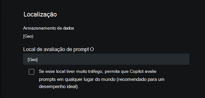 Captura de ecrã a mostrar as opções de geolocalização da avaliação de dados.