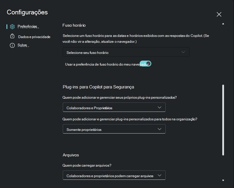 Captura de ecrã a mostrar as opções de controlo para plug-ins personalizados e plug-ins originais na pré-visualização.