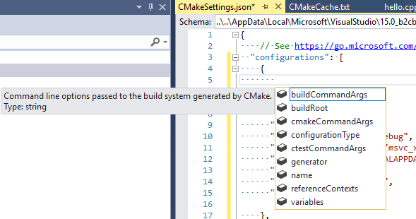 Captura de tela do pop-up CMake JSON IntelliSense no editor.