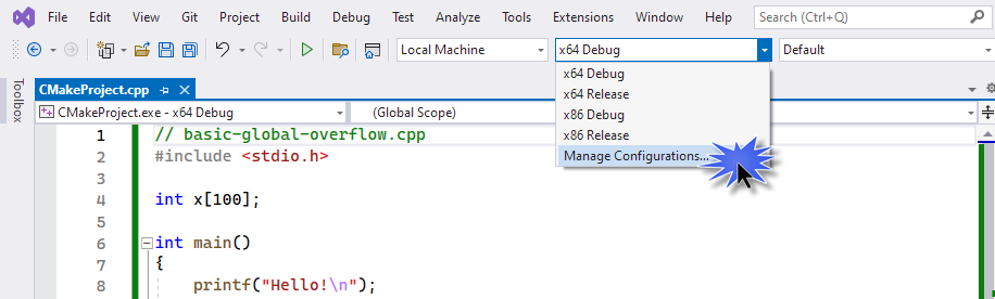 Captura de tela da lista suspensa de configuração do CMake. Ele exibe opções como depuração x64, versão x64 e assim por diante. Na parte inferior da lista, Gerenciar configurações... é destacado.