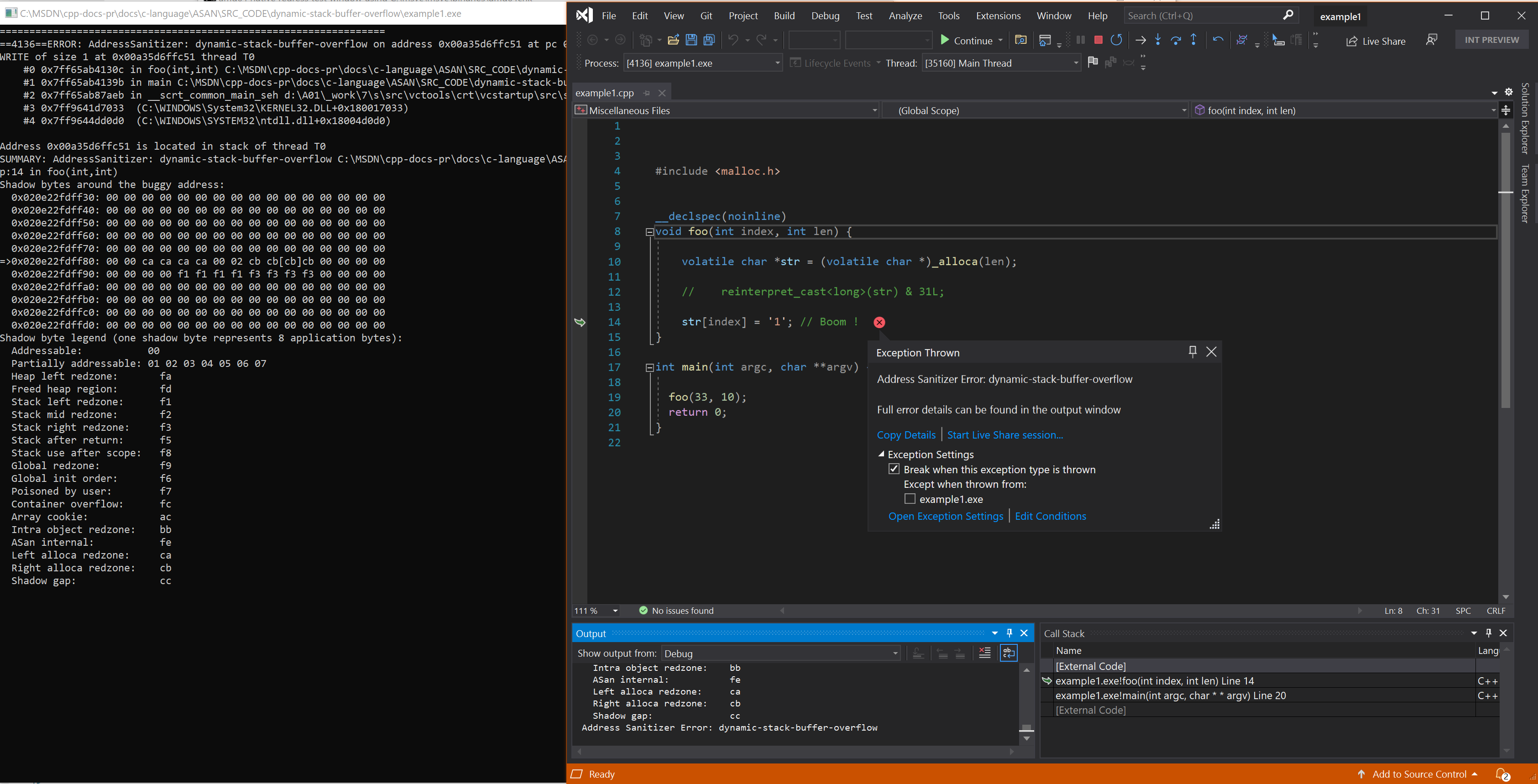 Captura de tela do depurador exibindo erro de dynamic-stack-buffer-overflow no exemplo 1.