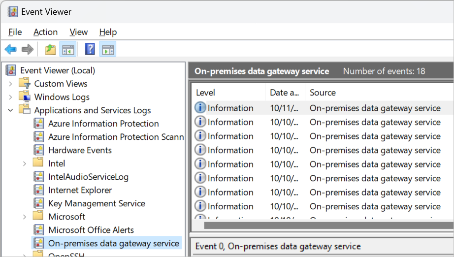 Logs de eventos do gateway de dados local.