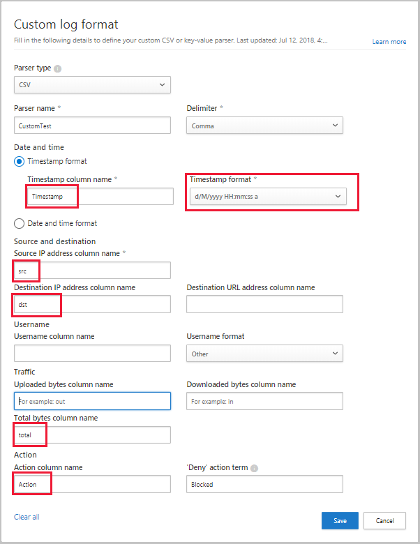 Captura de ecrã da caixa de diálogo Formato de registo personalizado, com valores preenchidos.