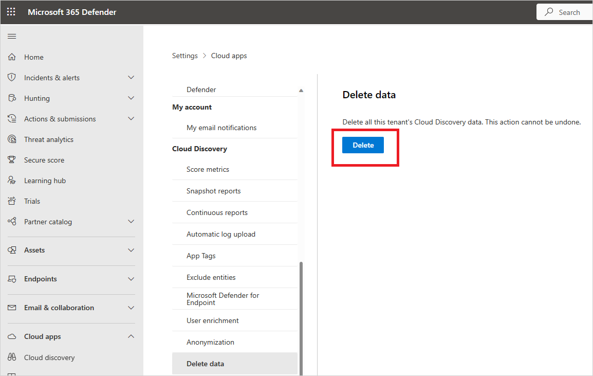 Captura de ecrã a mostrar a eliminação de dados de deteção na nuvem.