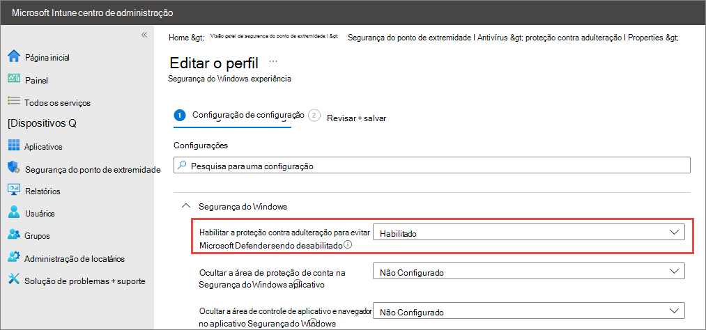 Captura de ecrã a mostrar Segurança do Windows definições com a proteção contra adulteração ativada.