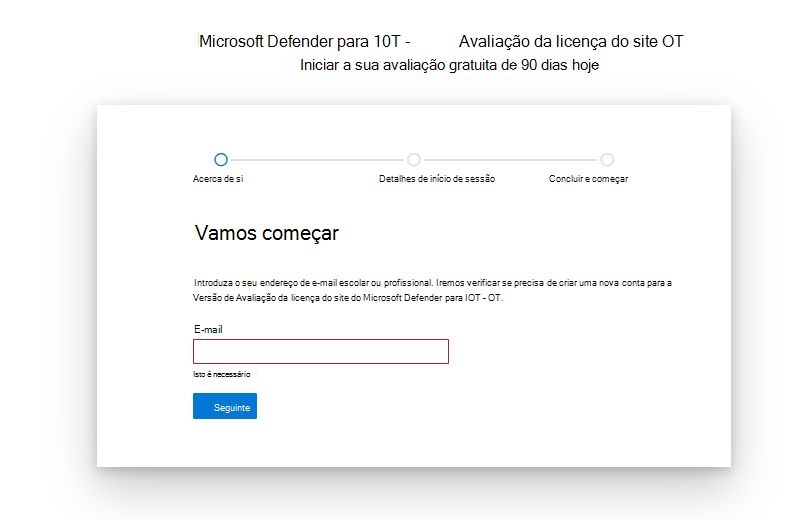 Captura de ecrã para começar e configurar a página do Microsoft Defender da licença de avaliação de IoT.