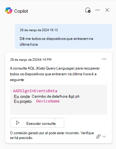 Captura de ecrã do botão do Copilot que mostra Adicionar a consulta ao editor de consultas e executar.