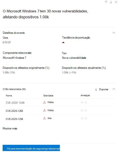 Lista de opções da linha cronológica do evento.