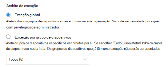 A mostrar a opção de exceção global.