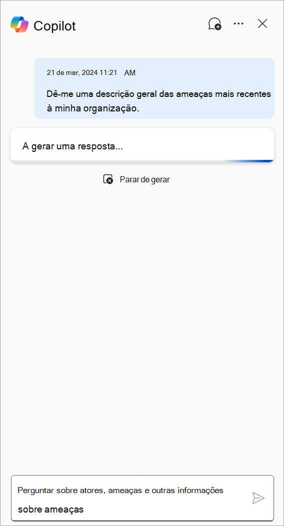 Captura de ecrã que mostra o Copilot no Defender a gerar uma resposta ao pedido 