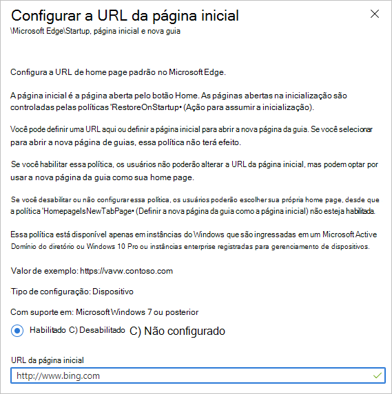 Configurar a política de URL da página inicial