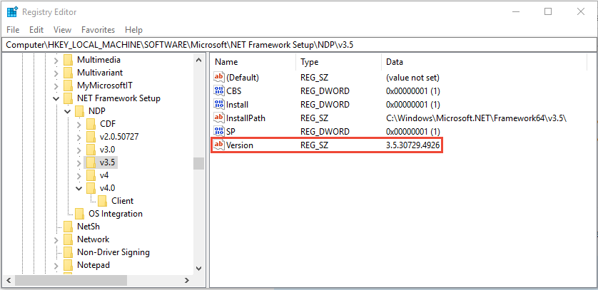 A entrada do Registro para o .NET Framework 3.5.