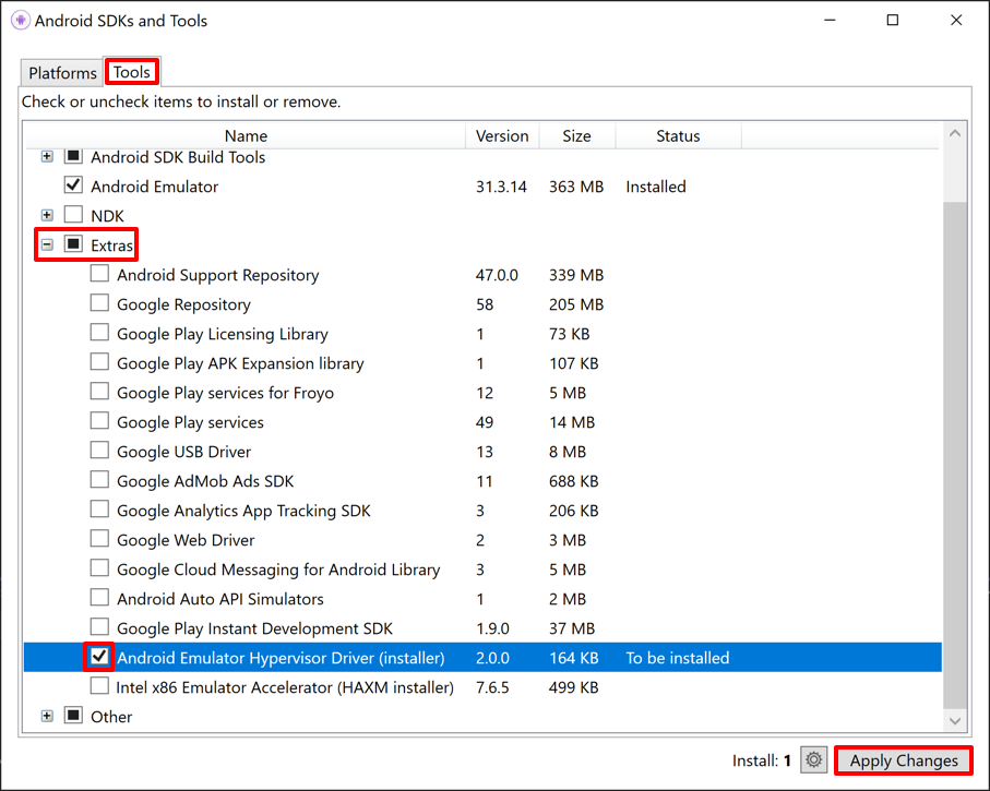 Instalando AEHD por meio do gerenciador SDK do Android no Visual Studio.