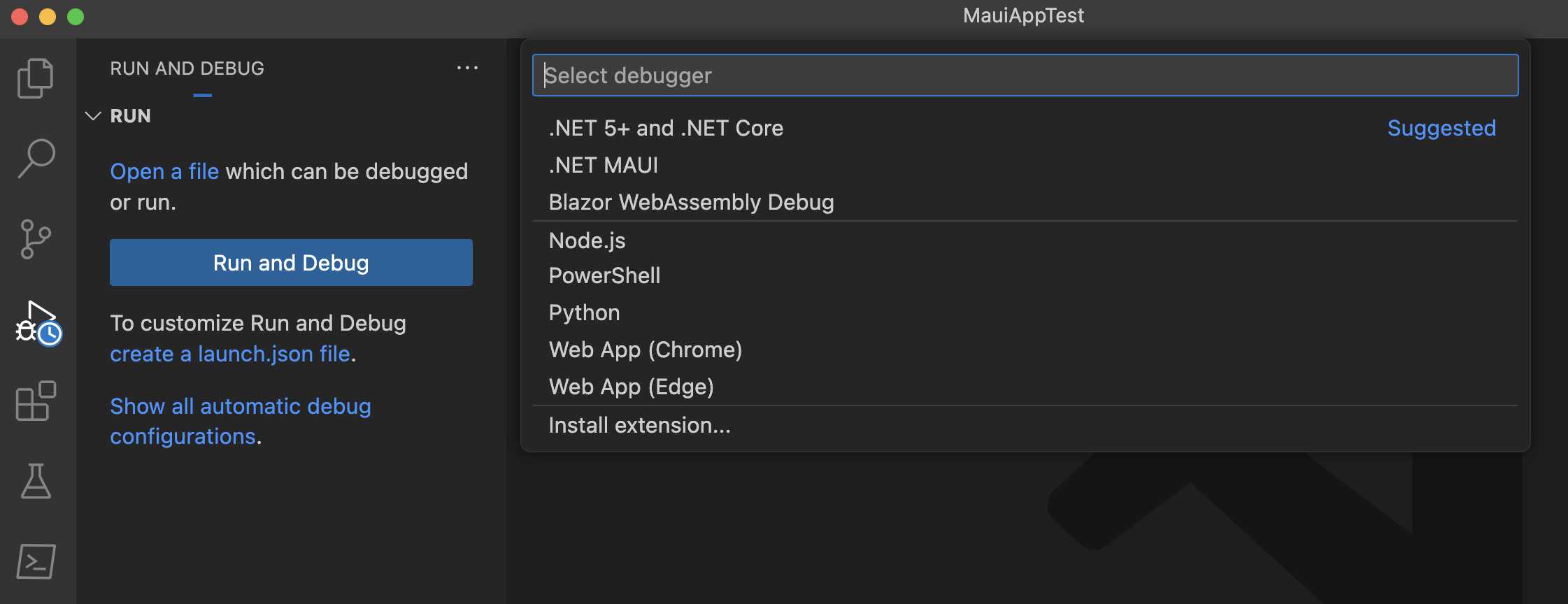 Uma captura de tela do menu executar e depurar no Visual Studio Code