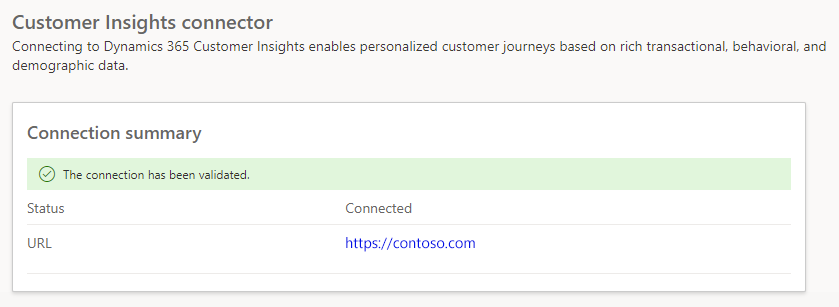 Captura de ecrã de êxito da configuração Customer Insights - Data.