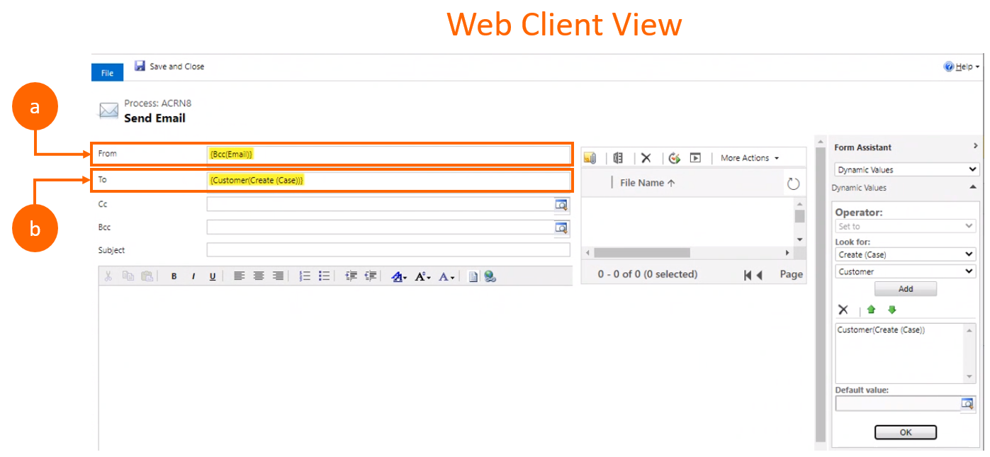 Captura de ecrã da vista do cliente Web de pré-migração em que um fluxo de trabalho tem dois atributos de tipo da parte da atividade, De e Para.