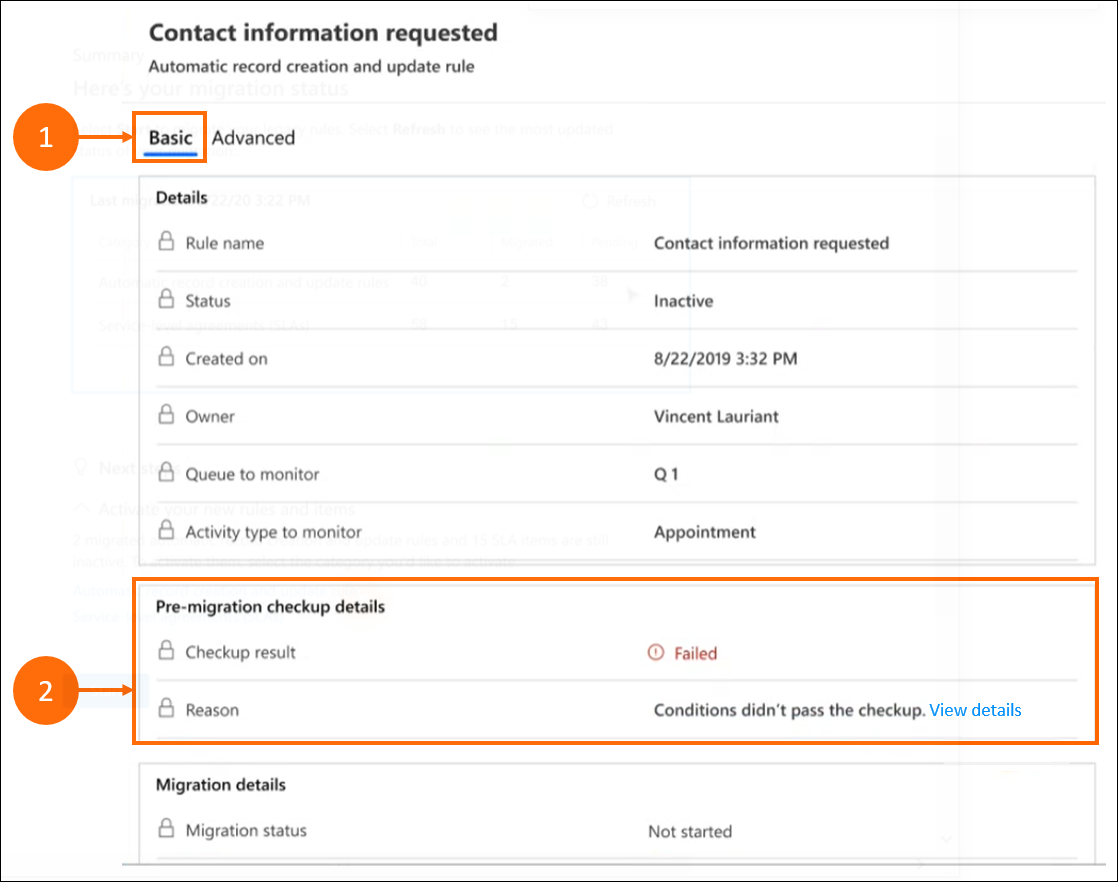 Ferramenta de migração – Ecrã de detalhes básicos para regras falhadas.