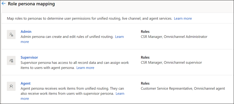 Uma descrição geral das funções mapeadas para as personas de admin, supervisor e de agente.