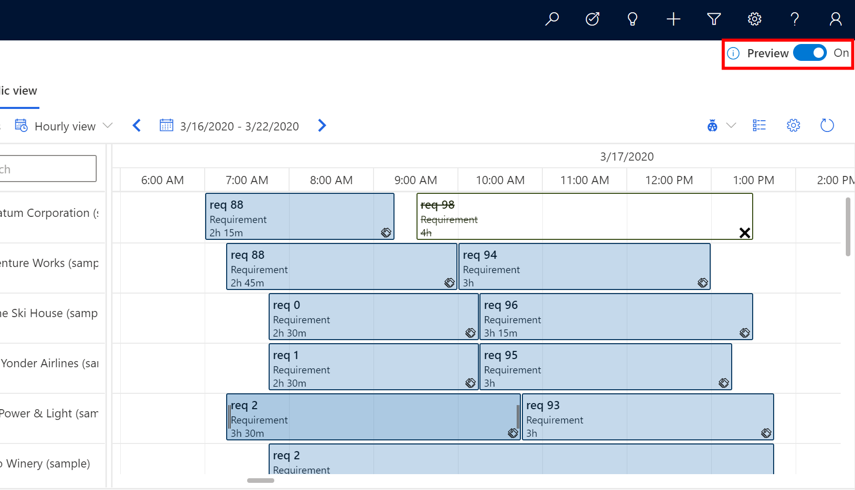 Captura de ecrã do quadro da agenda que mostra a alternância de pré-visualização na parte superior direita definida como 