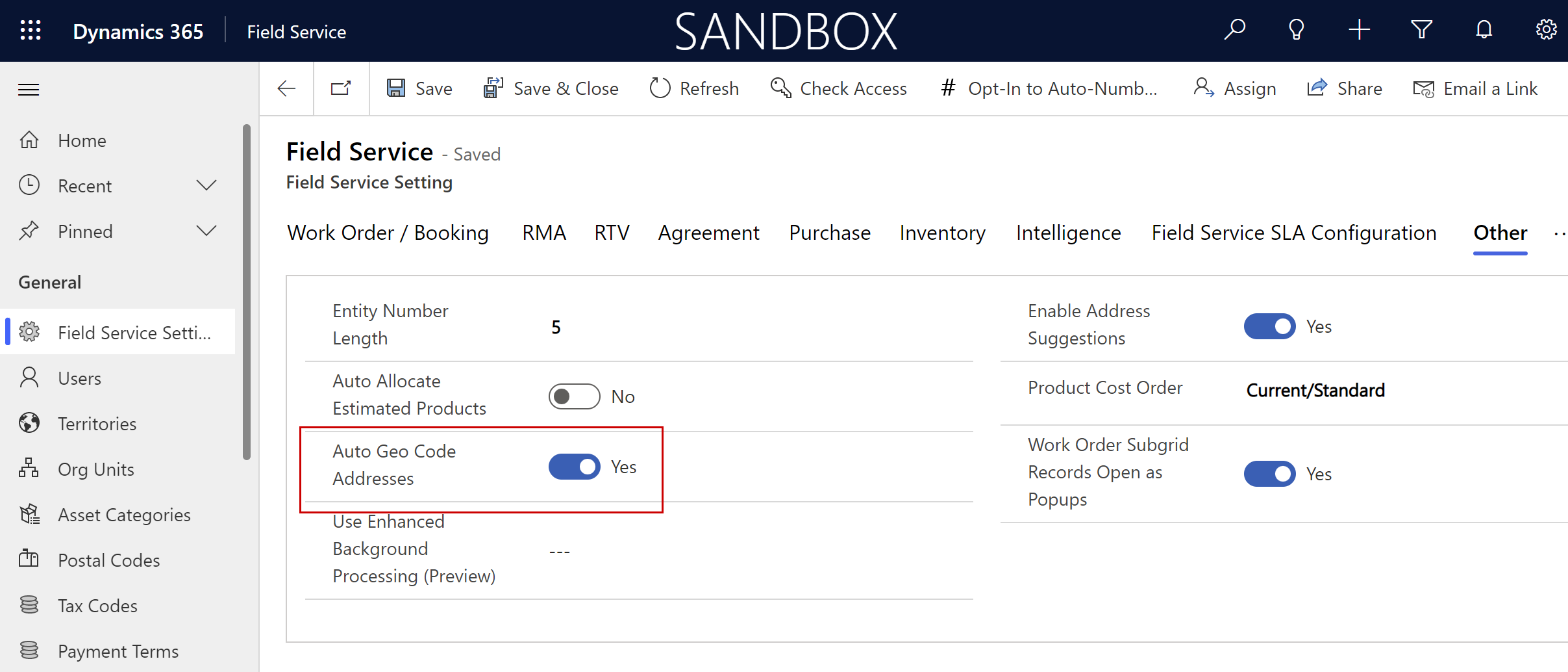 Captura de ecrã das definições do Field Service com a definição dos Endereços de código geográfico automático ativada.