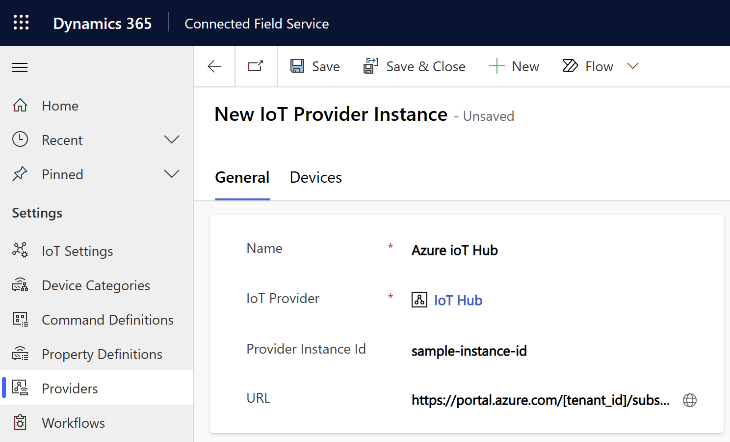 Captura de ecrã de um registo de instância de fornecedor de IoT.