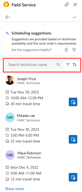 Captura de ecrã do painel do Field Service no Outlook, sugestões de Agendamento, com as opções de pesquisa, filtro e ordenação realçadas.