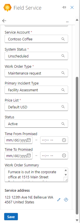 Captura de ecrã de detalhes da ordem de intervenção do Outlook no Field Service