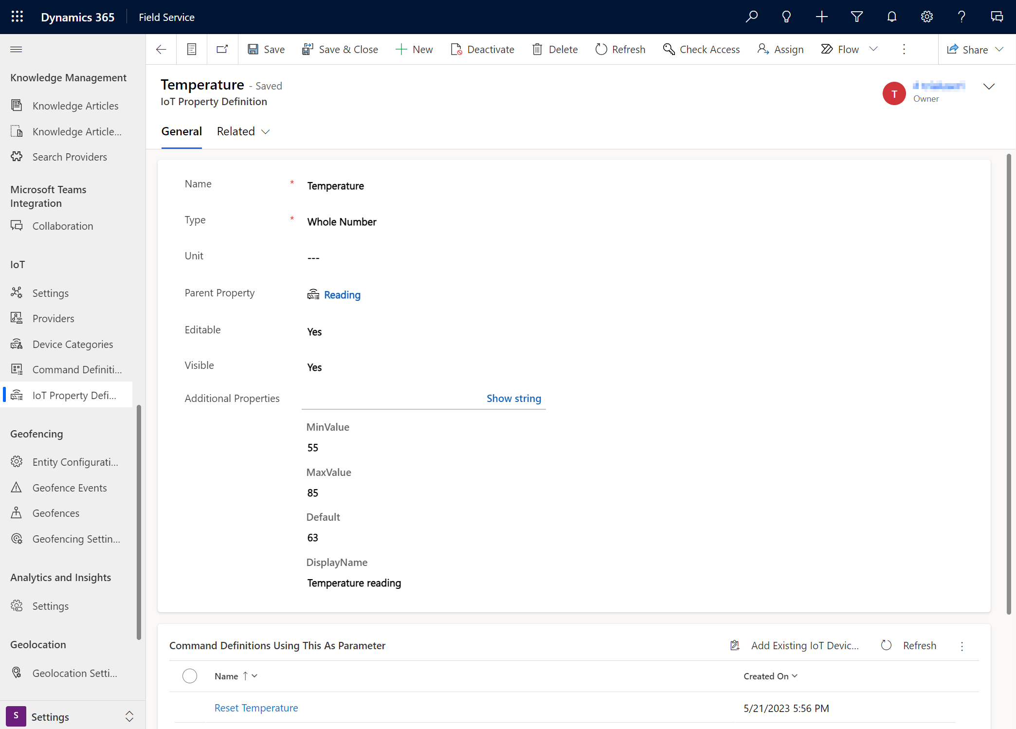 Captura de ecrã de um registo de definição da propriedade de IoT preenchido.