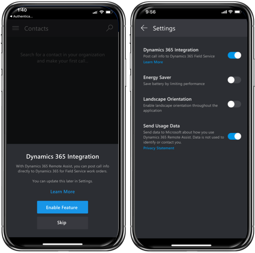 Captura de ecrã de dois dispositivos móveis no Dynamics 365 Remote Assist. O ecrã à esquerda mostra a opção da janela de pop-up do Dynamics 365. O ecrã à direita mostra o ecrã de definições para o Dynamics 365 Remote Assist com a alternância de integração do Dynamics 365 ativada.