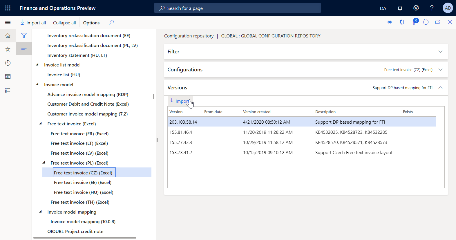 Página Repositório de configuração, Separador Rápido Configurações.