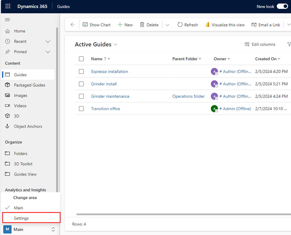 Captura de tela que mostra a mudança da área Principal para a área Configurações no aplicativo baseado em modelo do Guides.