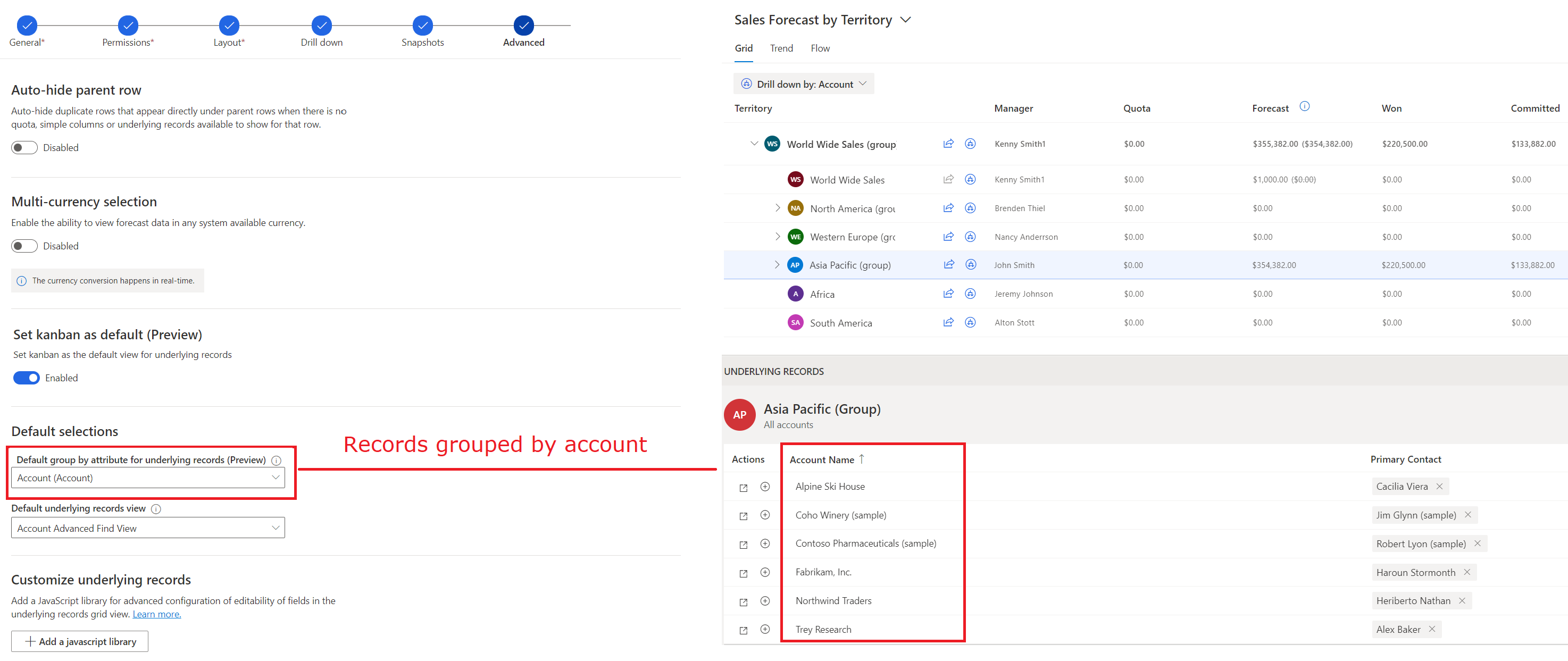 Uma captura de ecrã da opção Agrupar por atributo e como os registos são agrupados com base no atributo selecionado.