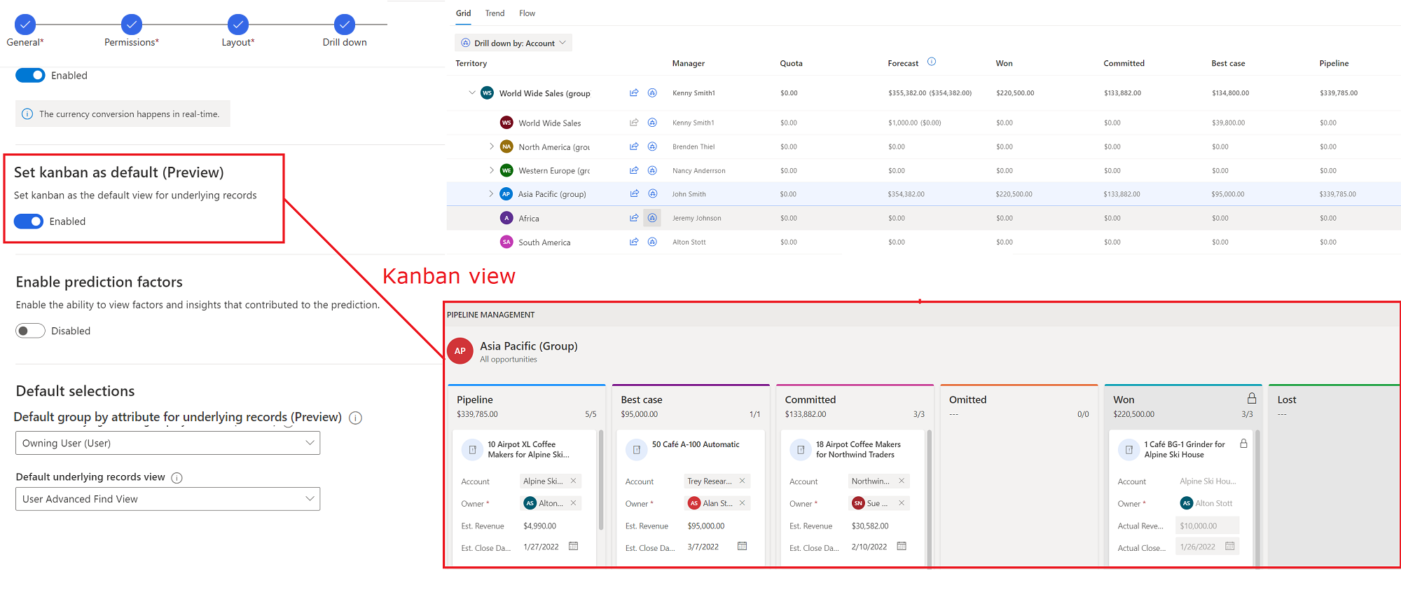 Uma captura de ecrã de uma previsão com Kanban definido como a vista predefinida e os registos subjacentes mostrados na vista Kanban.